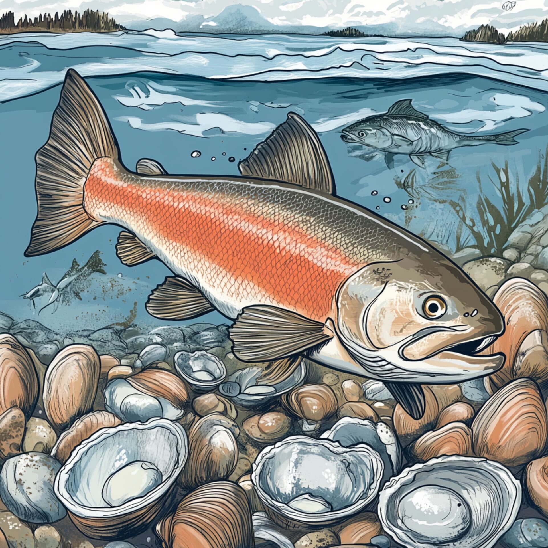 salmon and clam shells