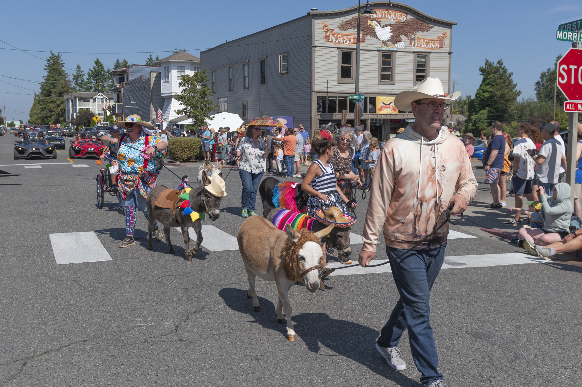 Photo of a festival in down town La Conner. Participants in the Tom Robbins' Day parade were encouraged to dress as their favorite Robbins' character and to embrace the absurd.